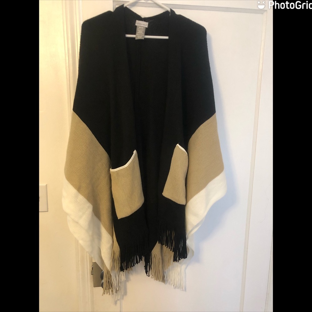 Harve Benard Colorblock Fringe Poncho Wrap Cardigan